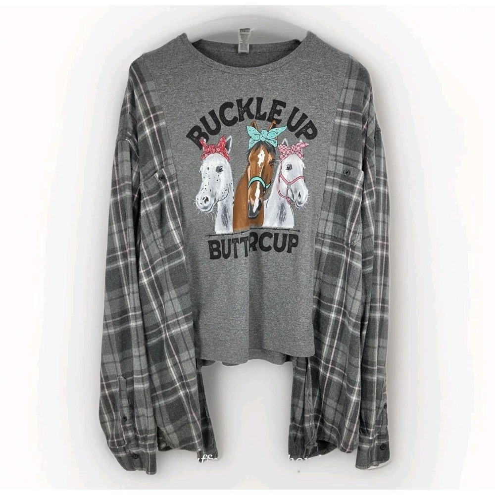 Upcycled Horse Buckle Up Buttercup Tee With Flannel Long Sleeves Shirt Oversized
